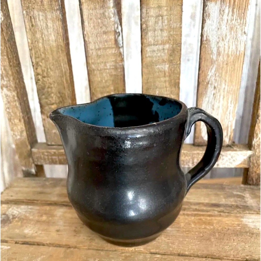 Handmade Pottery Drip Glazed Creamer Sugar Coffee Cup Brown Signed